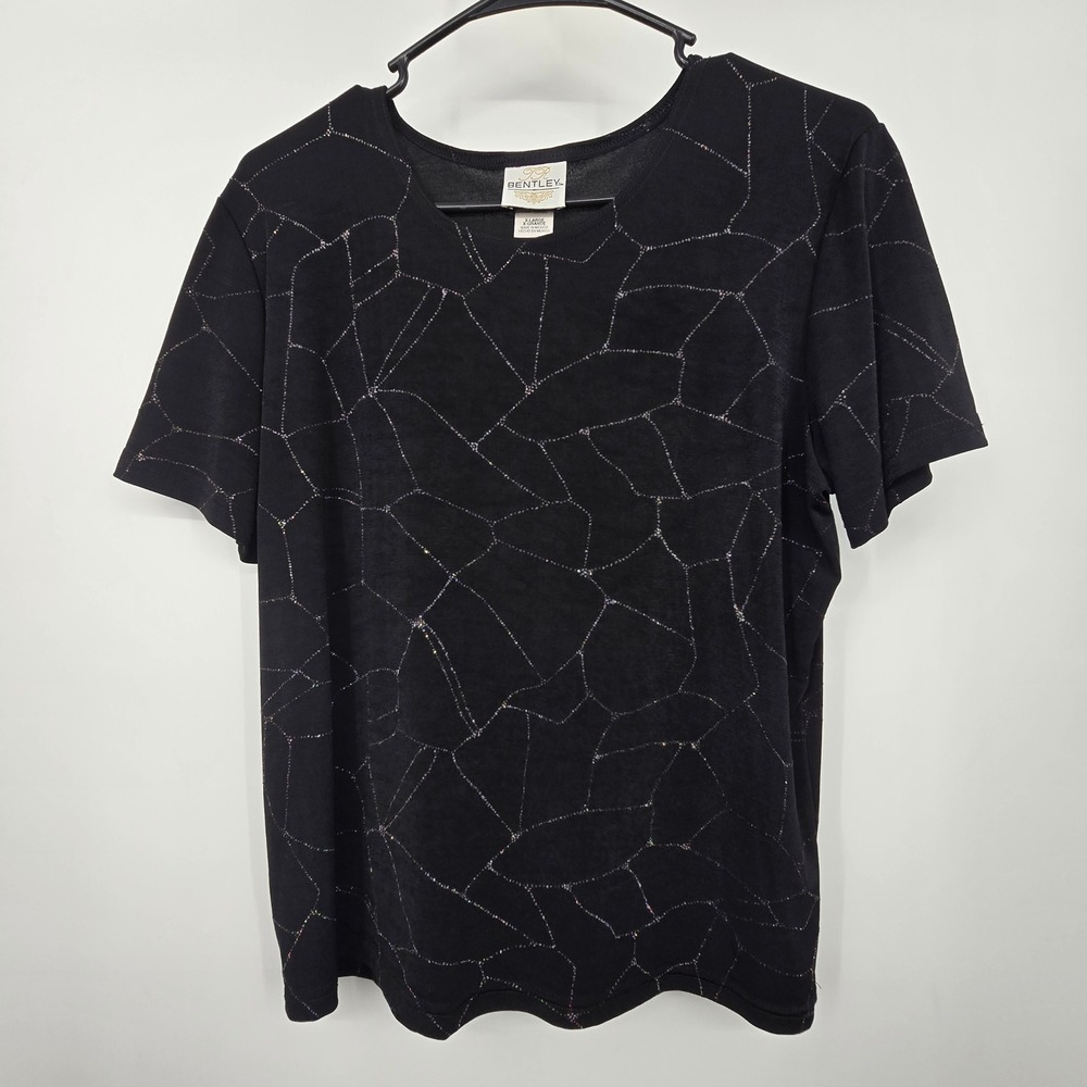 Vintage 90s Y2K Spiderweb Top Women XL Black Glitter Whimsigoth Short Sleeve